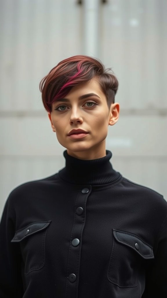 A person with a deep cherry buzz cut, showcasing a stylish and bold hairstyle.