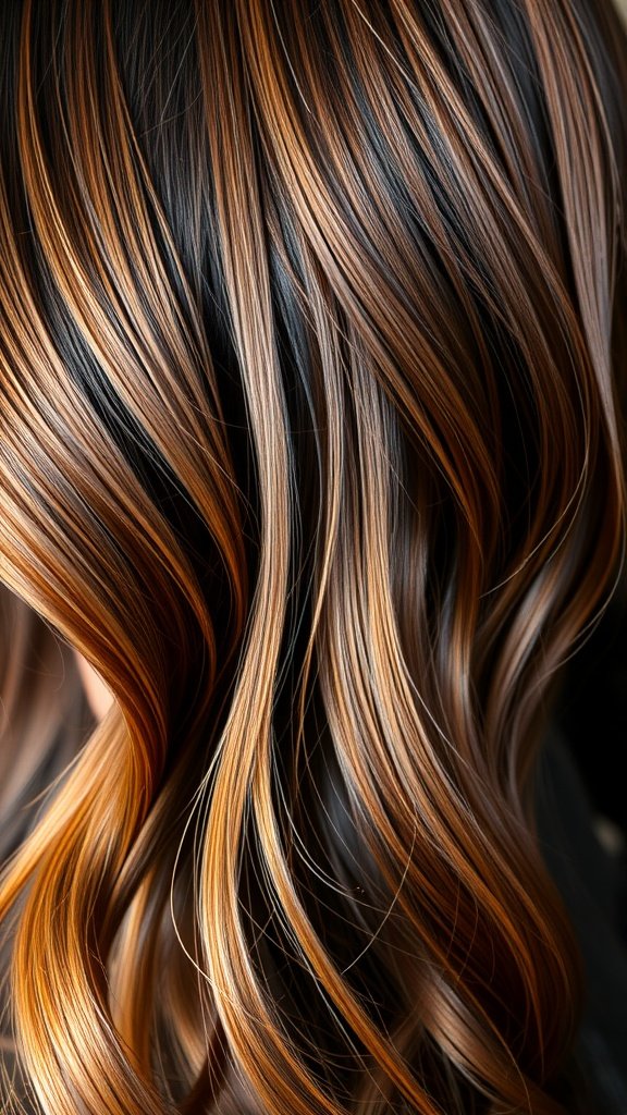 Balayage on dark brown hair featuring deep umber and amber highlights