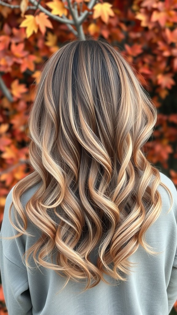 A woman with dusky rose balayage hair, styled in soft waves, standing in front of autumn leaves.