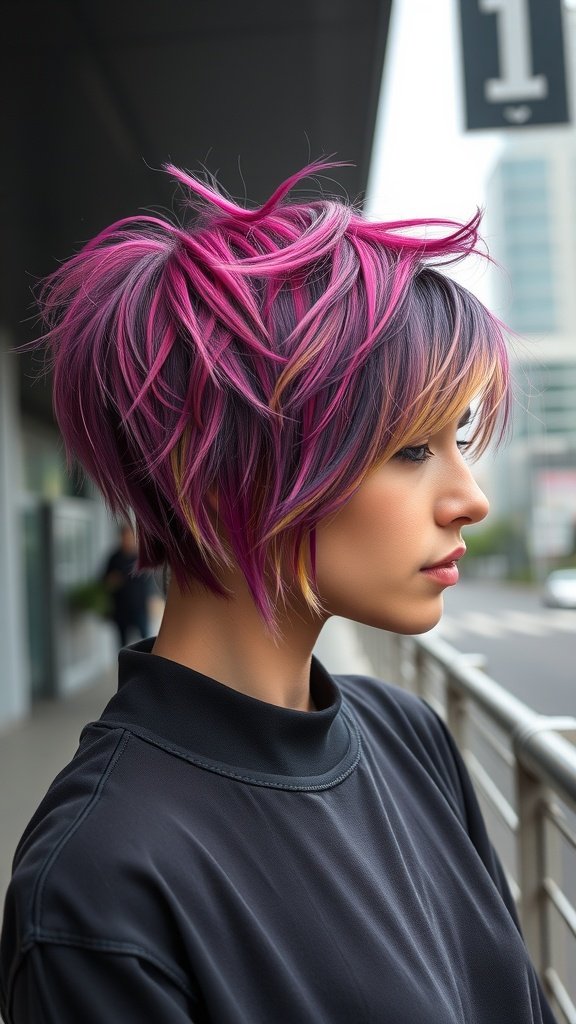 A woman with an edgy pixie haircut featuring long layers and vibrant pink and purple colors.