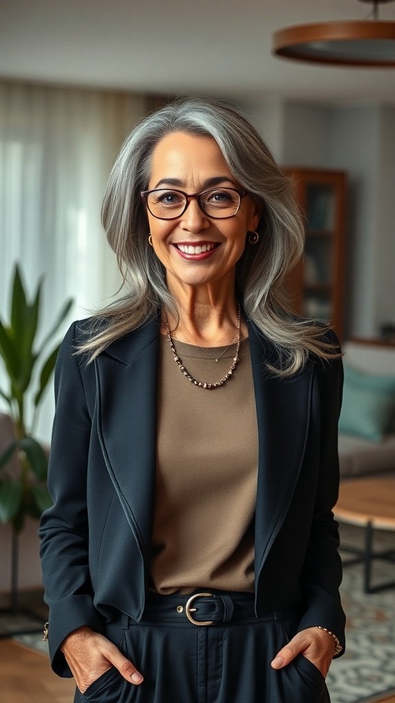 A woman with long gray layered hair, wearing glasses and a stylish outfit, smiling confidently.
