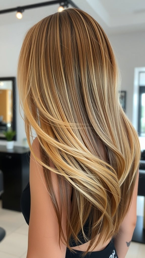 A woman with long layered hair styled in an elongated V-shape cut, showcasing beautiful highlights.