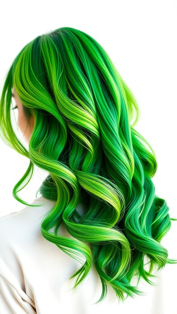 A woman with emerald green hair featuring lime green highlights, styled in loose waves.