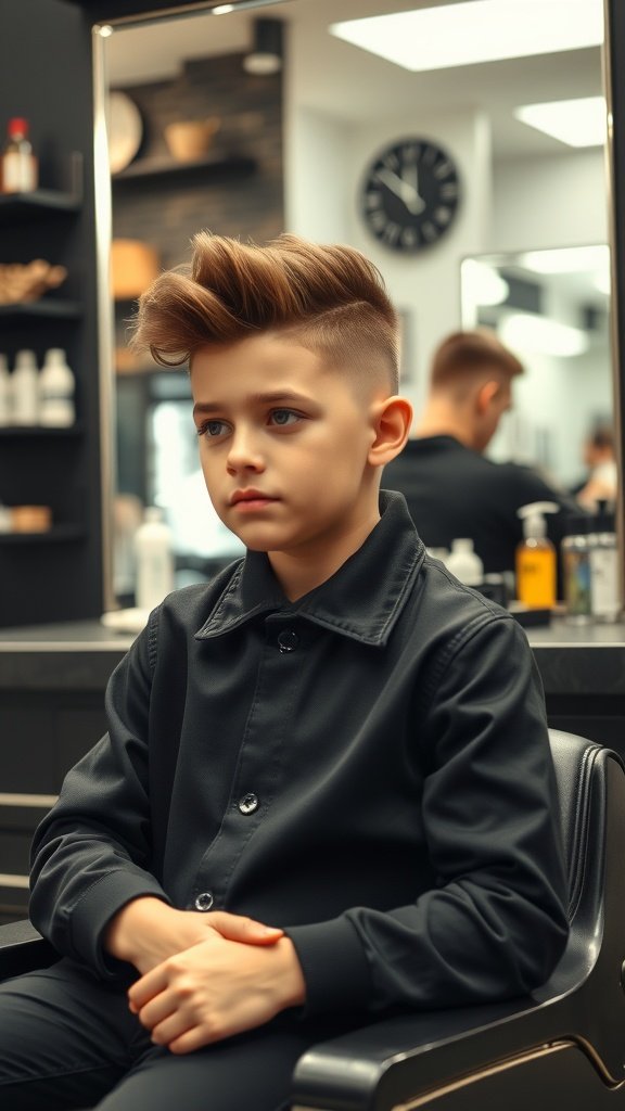 A boy with faded sides and a wavy top haircut sitting in a barber chair.