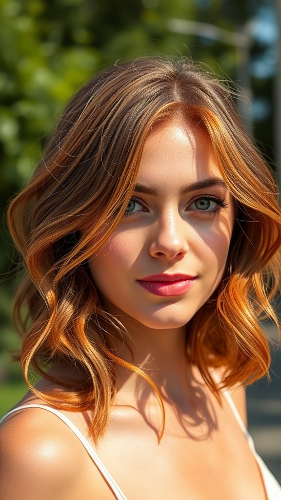 A woman with fiery caramel accents on her reddish brown hair, showcasing soft waves and a bright smile.