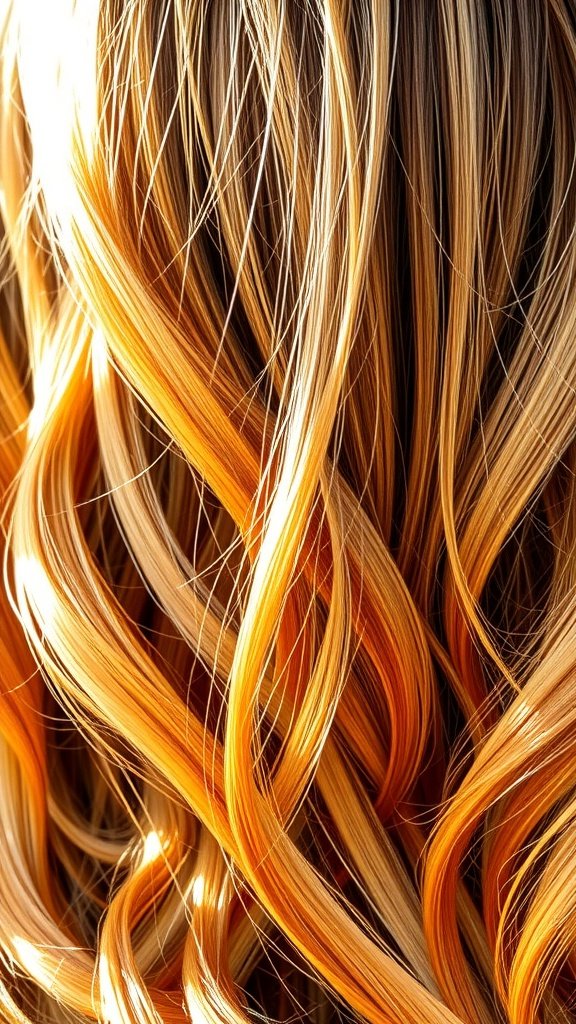 Close-up of light brown hair with glistening ginger highlights