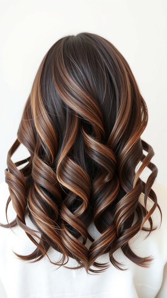 A back view of medium-length hair styled in glossy chocolate swirls with bouncy curls.