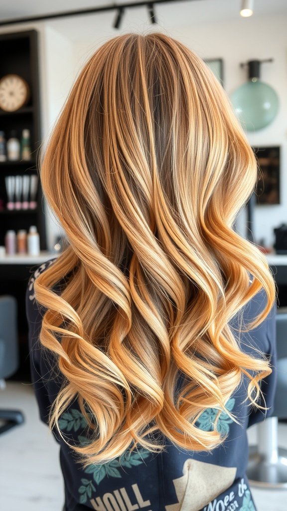 A hairstyle featuring golden blonde hair with rosy highlights styled in soft waves.
