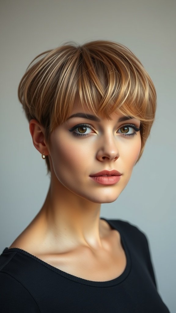 A woman with a golden brown pixie haircut and a long fringe, showcasing a stylish and modern look.