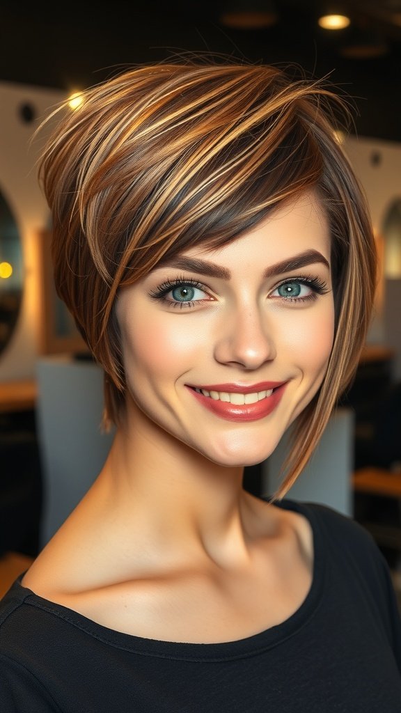 A woman with a golden brown pixie haircut featuring a long fringe, smiling at the camera.