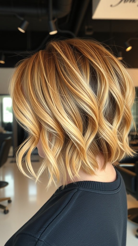 A stylish golden honey balayage crop hairstyle with soft waves.