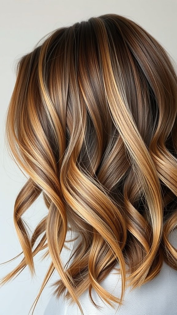 A close-up view of hair styled in hazelnut brown with toasted blonde highlights, showcasing soft curls and a vibrant blend of colors.