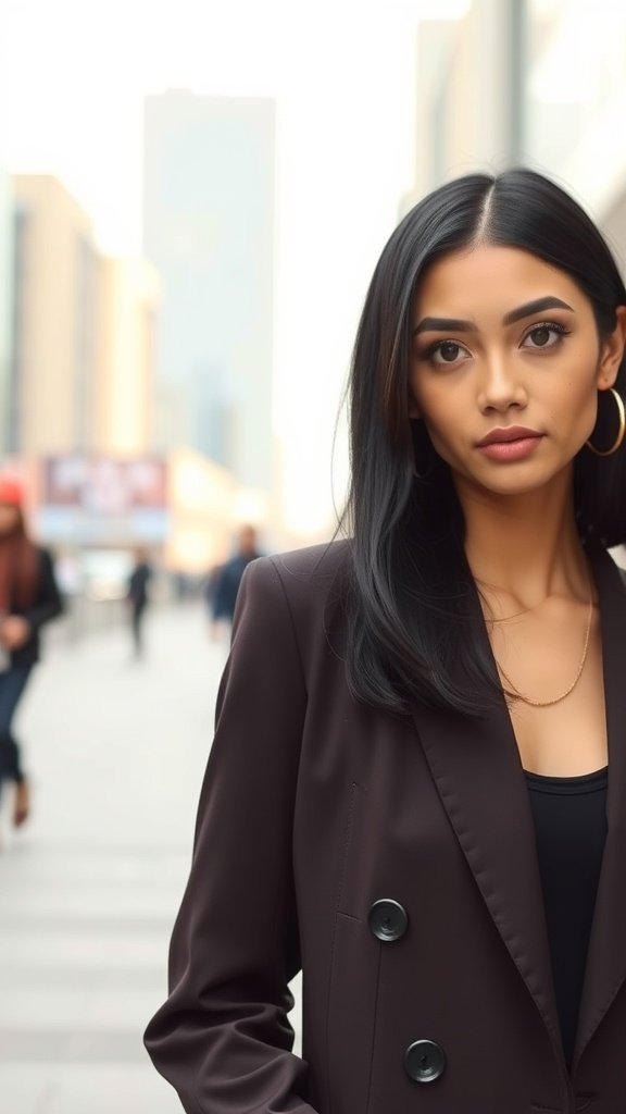 A woman with jet-black sleek and straight mid-length hair, wearing a stylish outfit, standing in an urban setting.