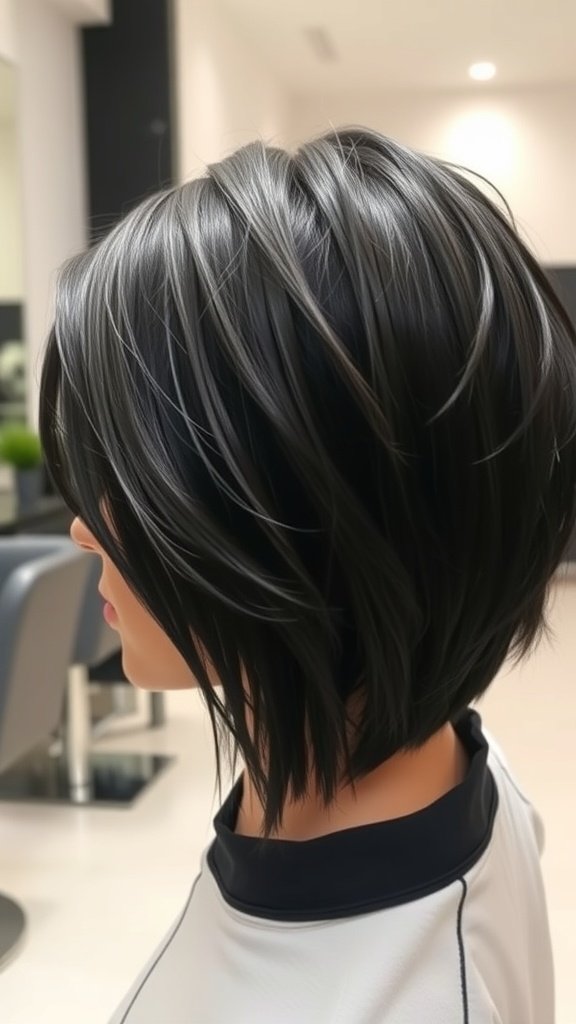 A stylish jet black shag haircut with razor-cut layers, showcasing texture and movement.