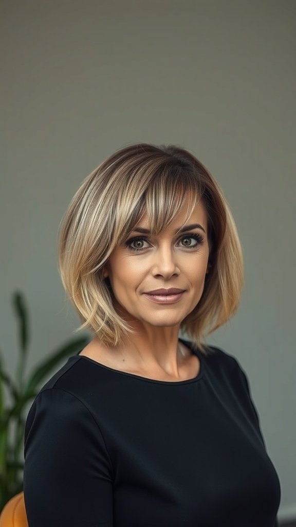 A woman with a layered bob and soft fringe, showcasing a modern hairstyle suitable for women over 40.