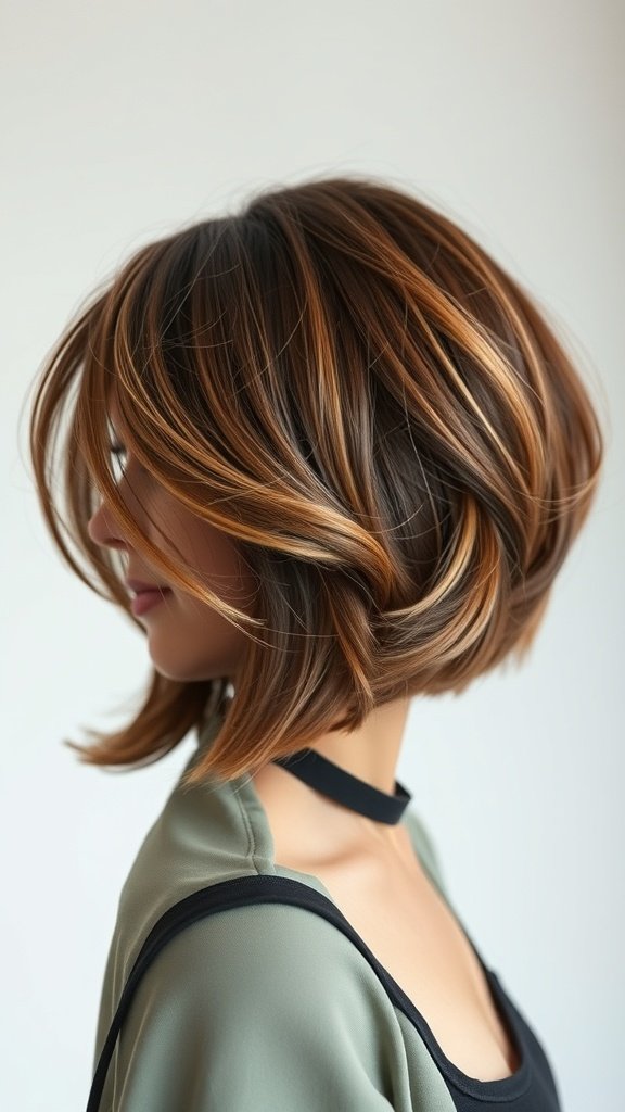A layered bob hairstyle with wispy bangs and highlights, showcasing movement and texture.
