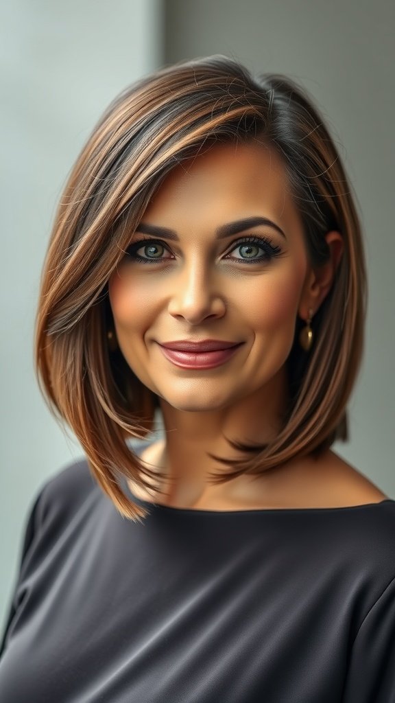 A woman with a lob hairstyle featuring a side-swept fringe and tapered back, smiling confidently.