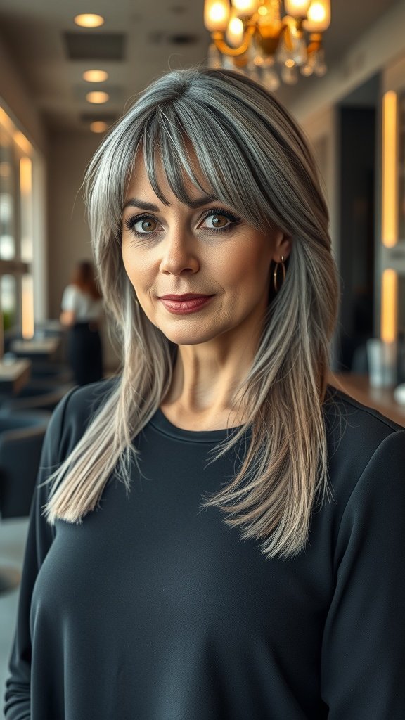 A woman with long gray hair styled in layers and side-swept bangs, showcasing a modern and elegant look.