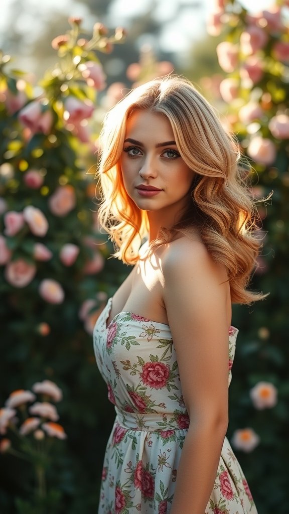 A woman with loose strawberry blonde curls standing in a flower garden.