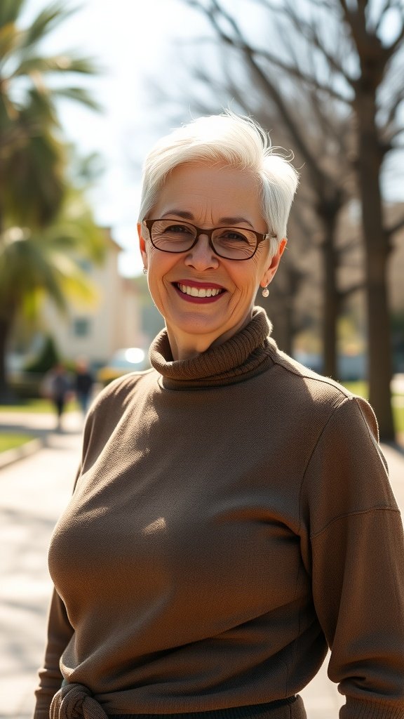A smiling woman with a buzz cut wearing a brown turtleneck, standing outdoors