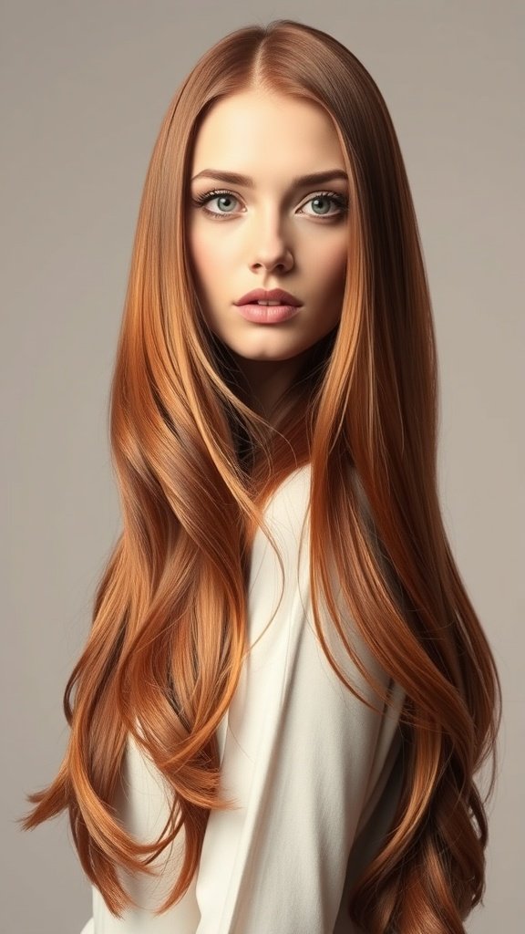 A woman with long, mahogany-infused copper hair, looking confidently at the camera.