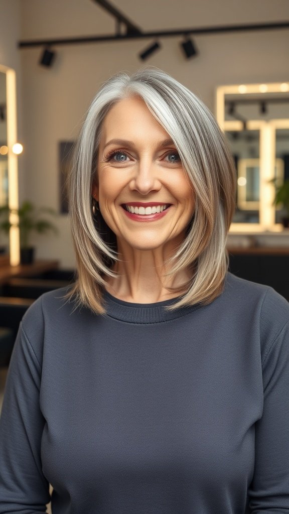 A woman with medium straight hair and tapered ends, smiling confidently.