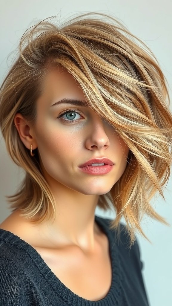 A woman with medium tousled hairstyle featuring light waves, showcasing a stylish and voluminous look.