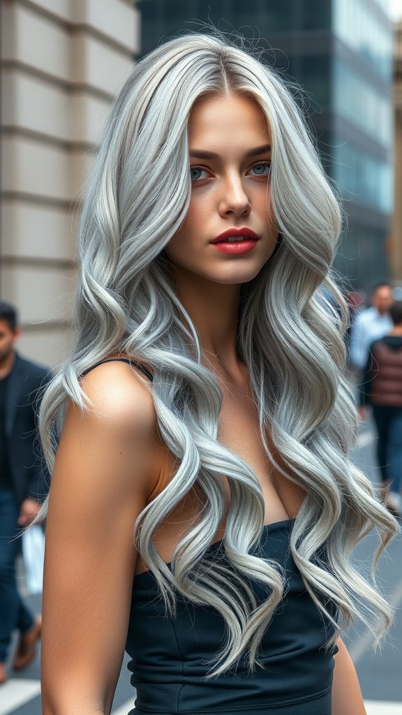 A model with long silver hair styled in soft waves, featuring peacock highlights in vibrant blues and greens.