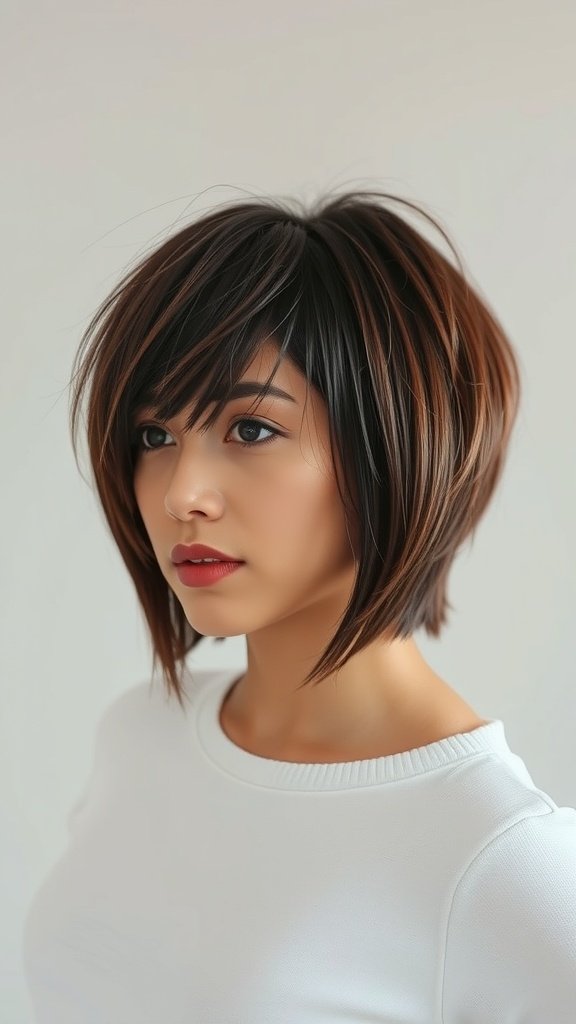 A woman with a micro bob hairstyle featuring disconnected layers, showcasing a stylish and edgy look.