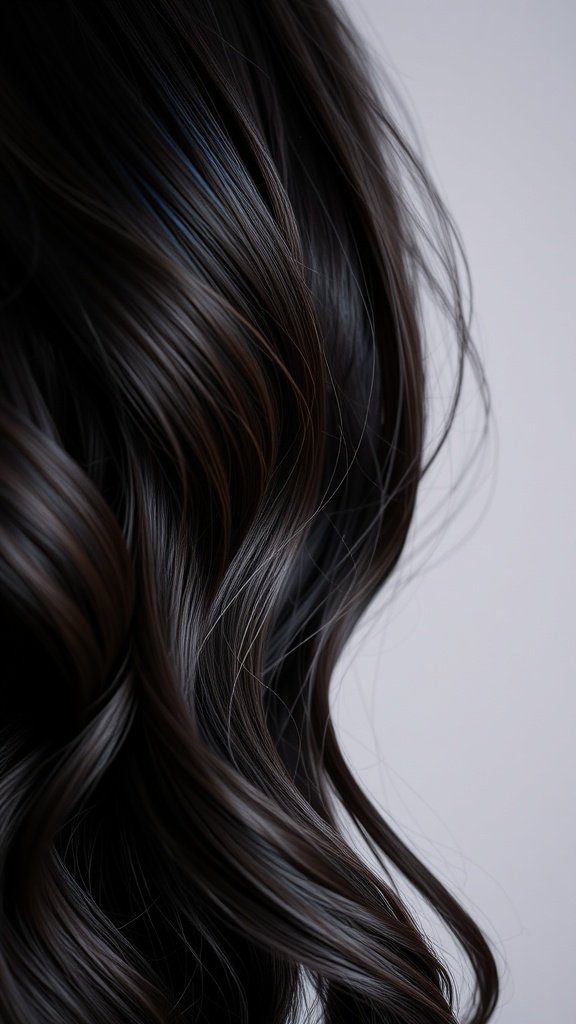 Dark brown hair with midnight blue highlights, showcasing waves and shine.