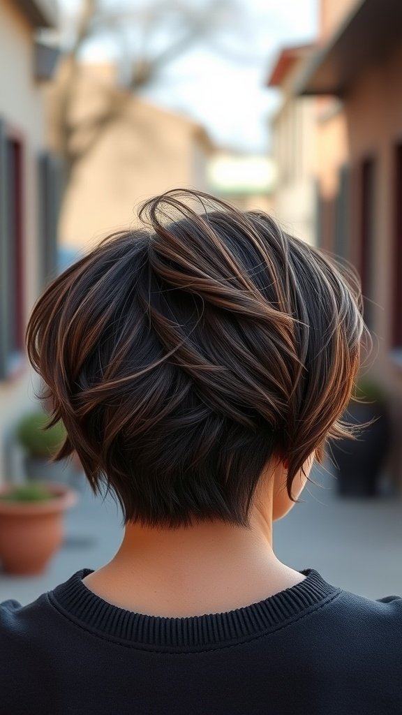 Dark brown pixie cut with caramel highlights viewed from the back