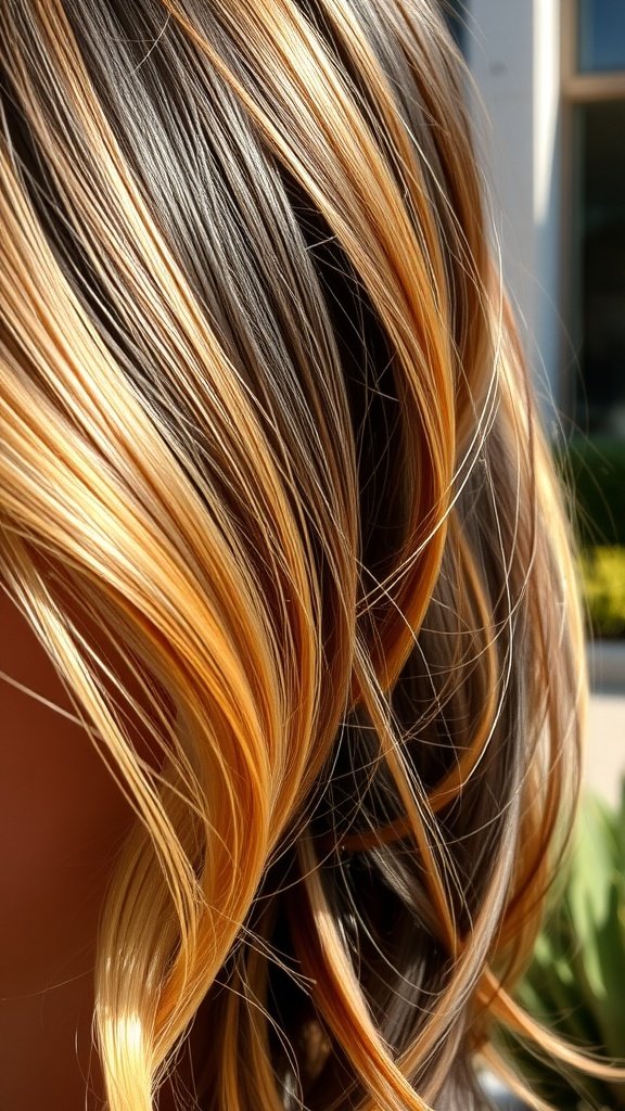 Close-up of natural black hair with golden wheat blonde highlights.