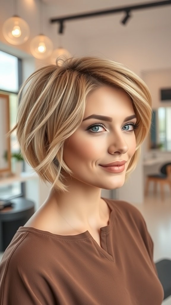 A woman with a stylish pixie bob haircut featuring point cut layers, smiling in a modern salon.