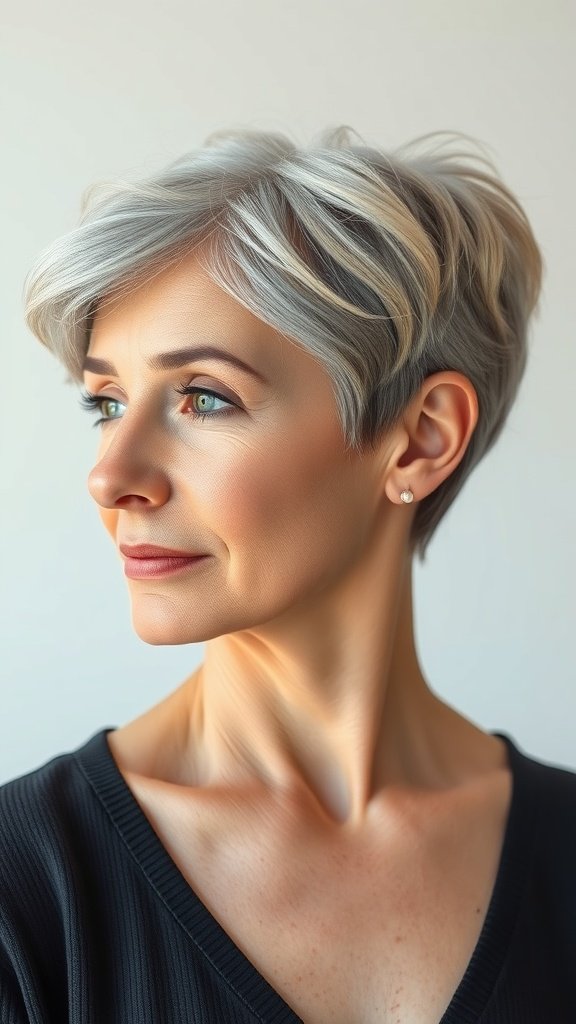 A woman with a stylish pixie cut featuring an undercut detail, showcasing a modern and elegant hairstyle.