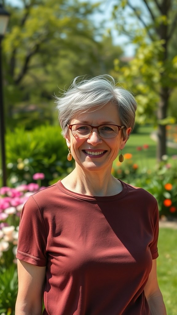 A woman with a playful pixie hairstyle featuring flipped out ends, smiling in a garden.
