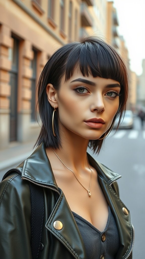 Model with razor-cut straight hair and blunt ends, wearing a leather jacket and hoop earrings.