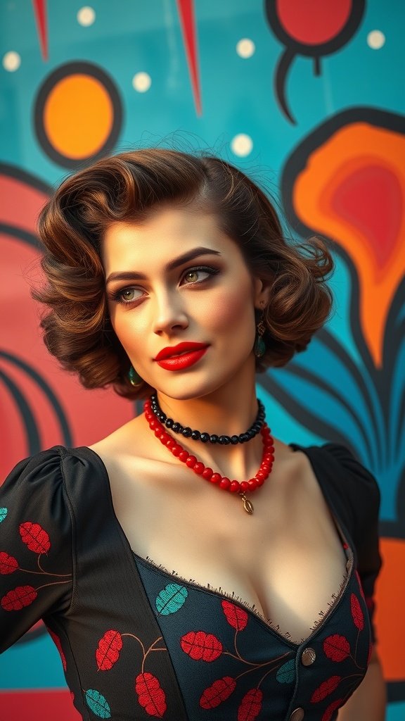 A woman with retro glam short curls, wearing a stylish outfit and bold makeup, against a colorful background.