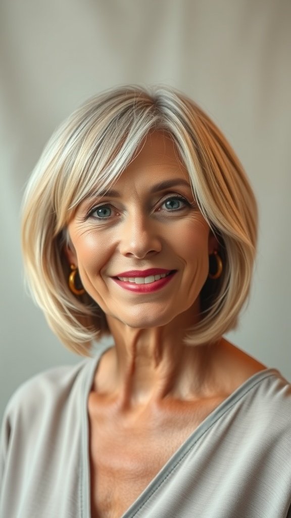A woman with sandy blonde bob hairstyle featuring flipped ends, smiling and looking confident.