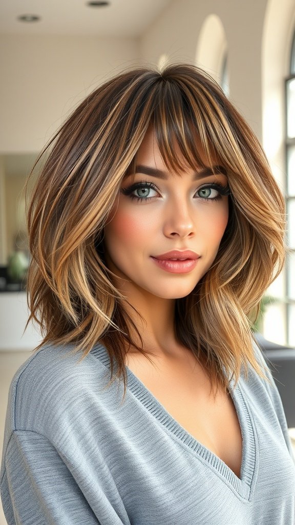 A woman with a shaggy bob hairstyle featuring feathered layers and bangs, showcasing volume and flow.