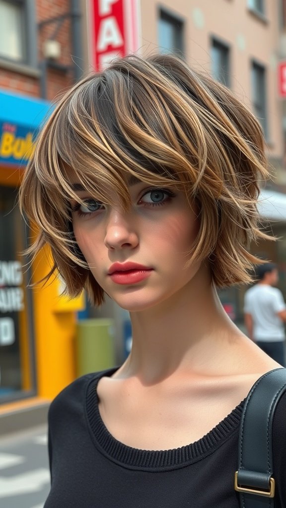 A young person with a shaggy bowl cut hairstyle, featuring soft layers and bangs, standing in an urban setting.