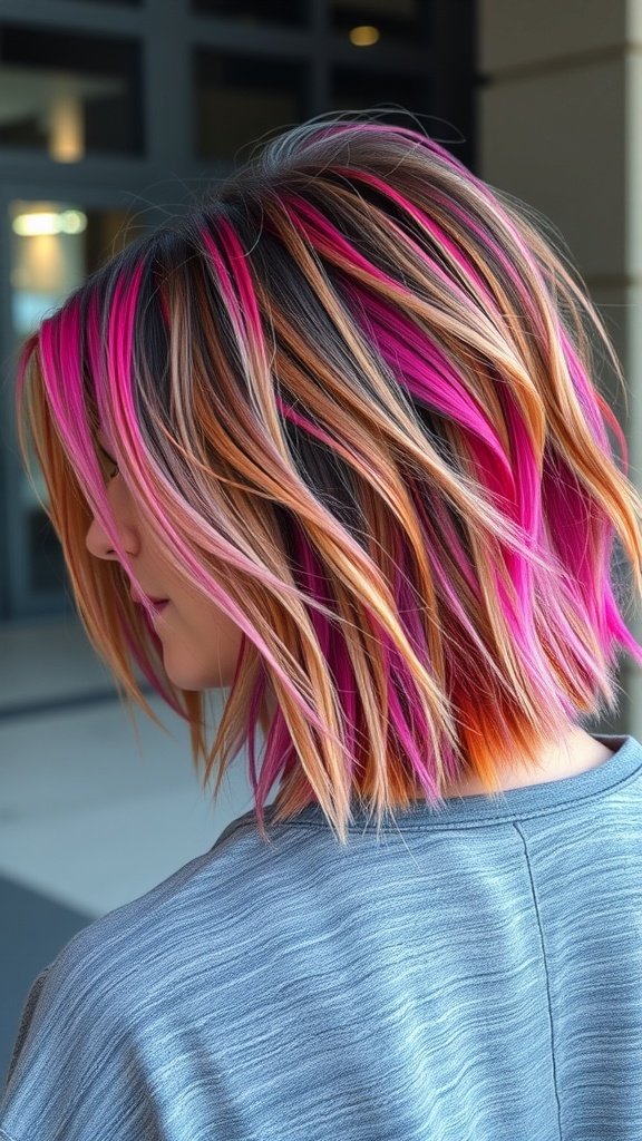 A stylish shaggy ombre haircut featuring vibrant pink and orange hues.