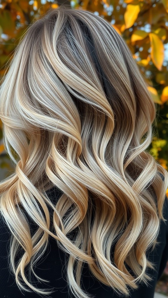 A close-up view of wavy hair showcasing shimmering champagne blonde balayage.