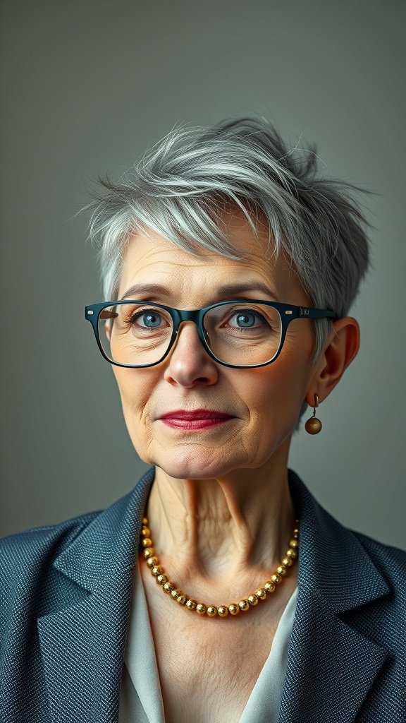 A woman over 70 with a short and spiky pixie cut, wearing glasses and a stylish outfit.