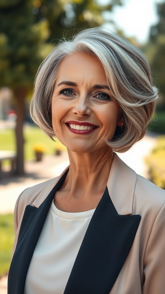 A woman with a short bob hairstyle styled in soft waves, smiling outdoors.