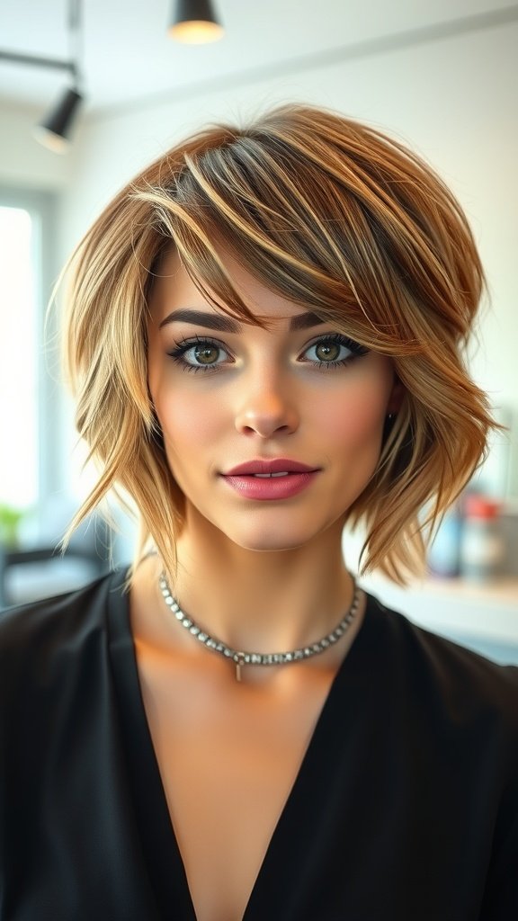 A woman with a short layered haircut and wispy bangs, showcasing a stylish look for square faces.