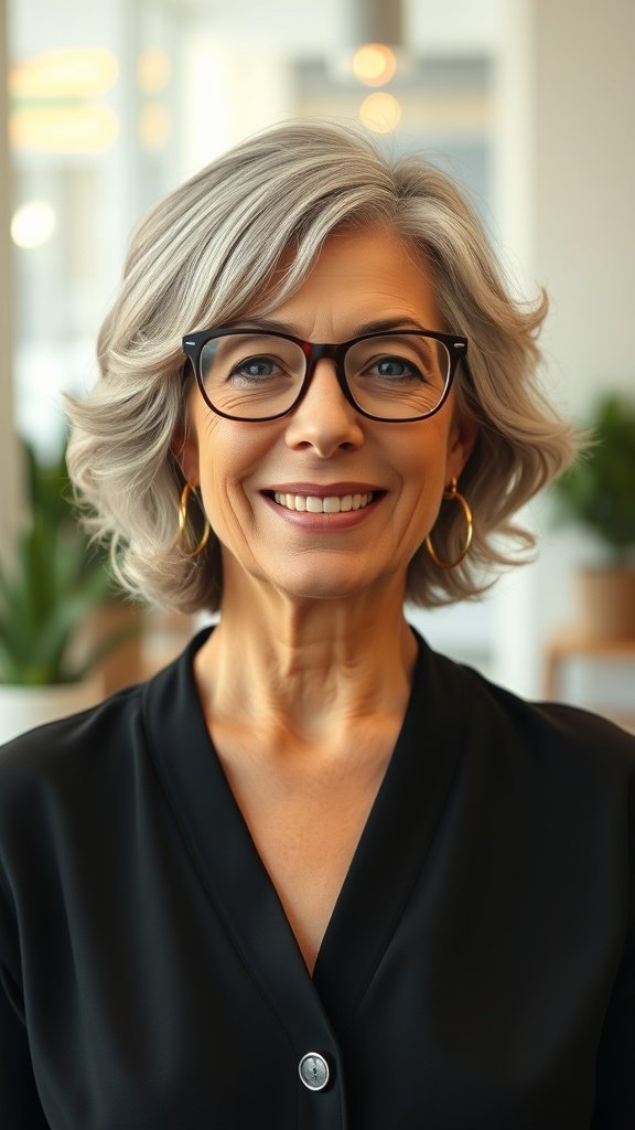 A woman with shoulder-length soft curls and glasses, smiling confidently.