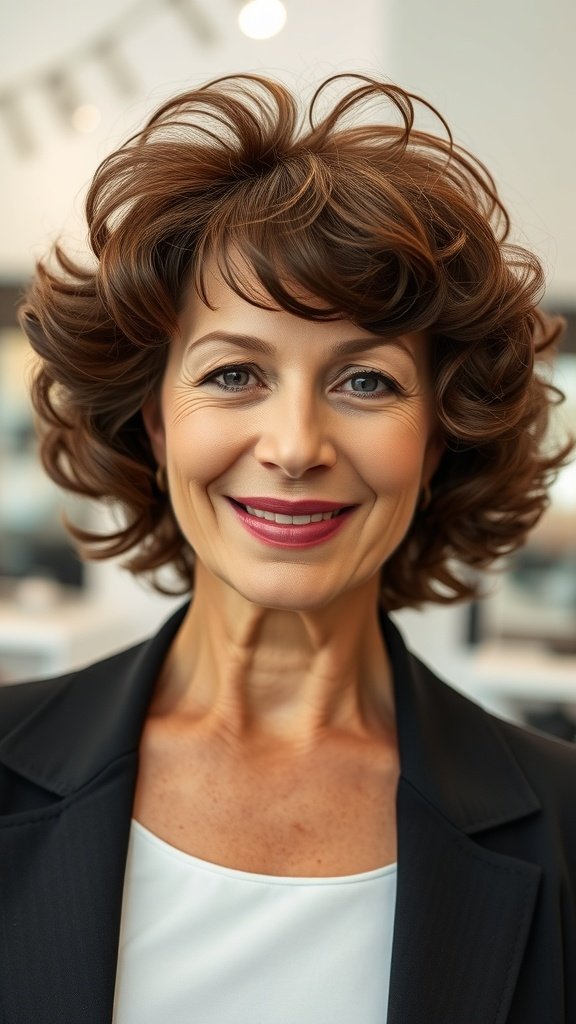 A woman with shoulder-length curly hair and bangs, smiling confidently.