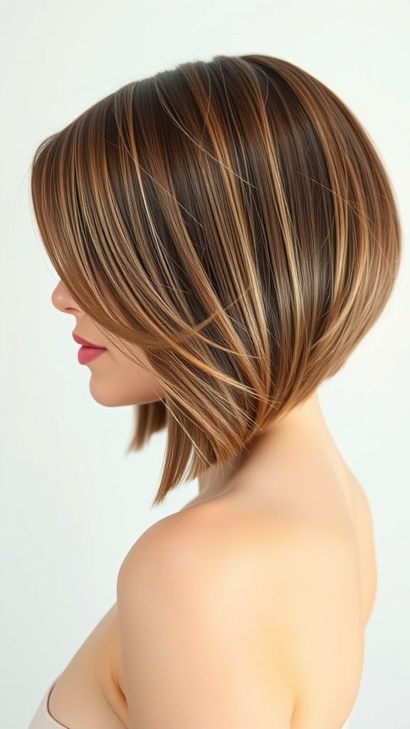 A sleek angled bob hairstyle with a side part, showcasing smooth, shiny hair with highlights.