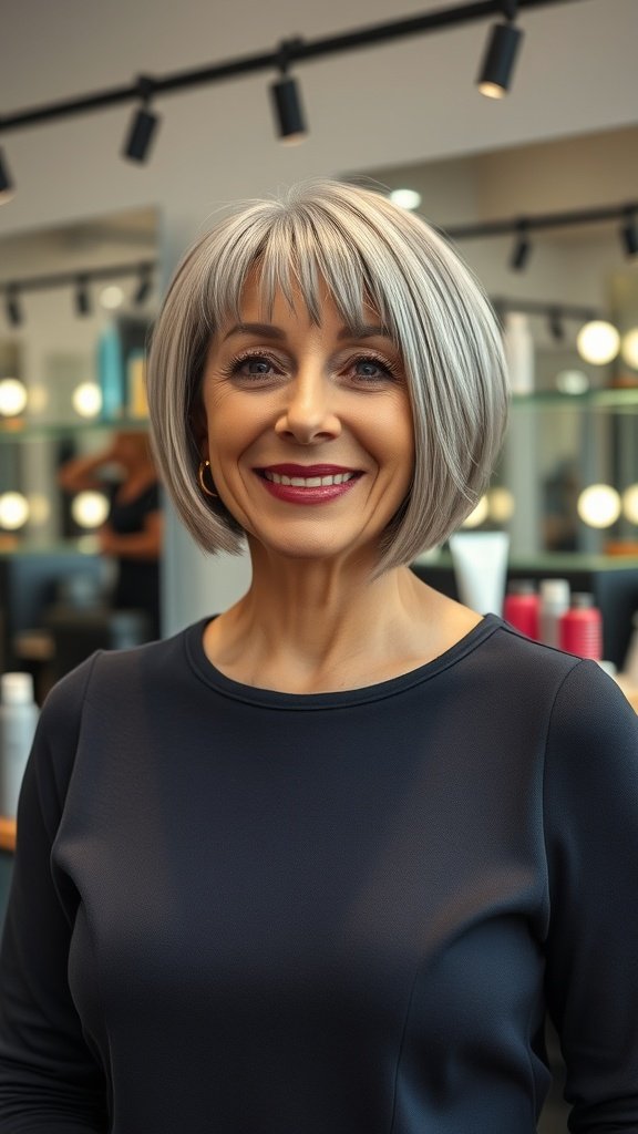 A woman with a sleek blunt bob hairstyle, showcasing shiny silver hair and a confident smile.