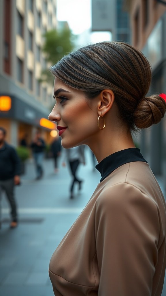 A woman with a sleek straight low bun hairstyle, showcasing elegance in a city setting.